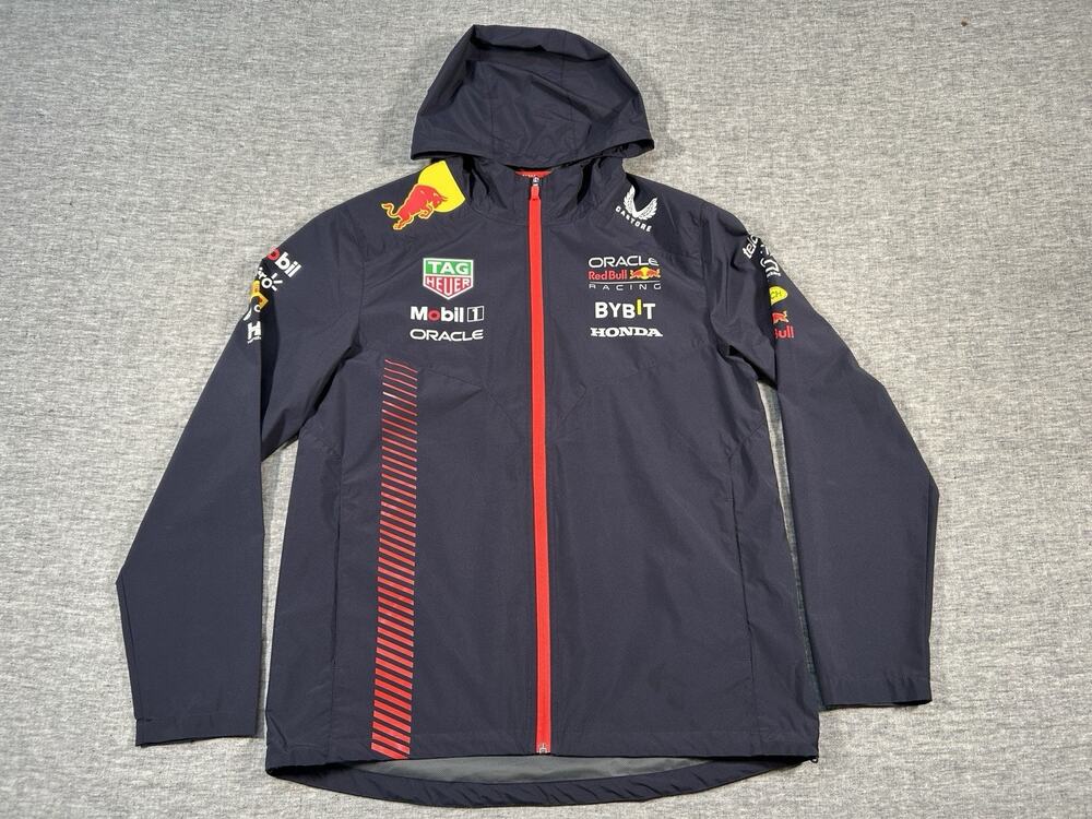 Red Bull Racing F1 Castore Rain Jacket Mens Medium Navy Blue Hooded Zip-Up